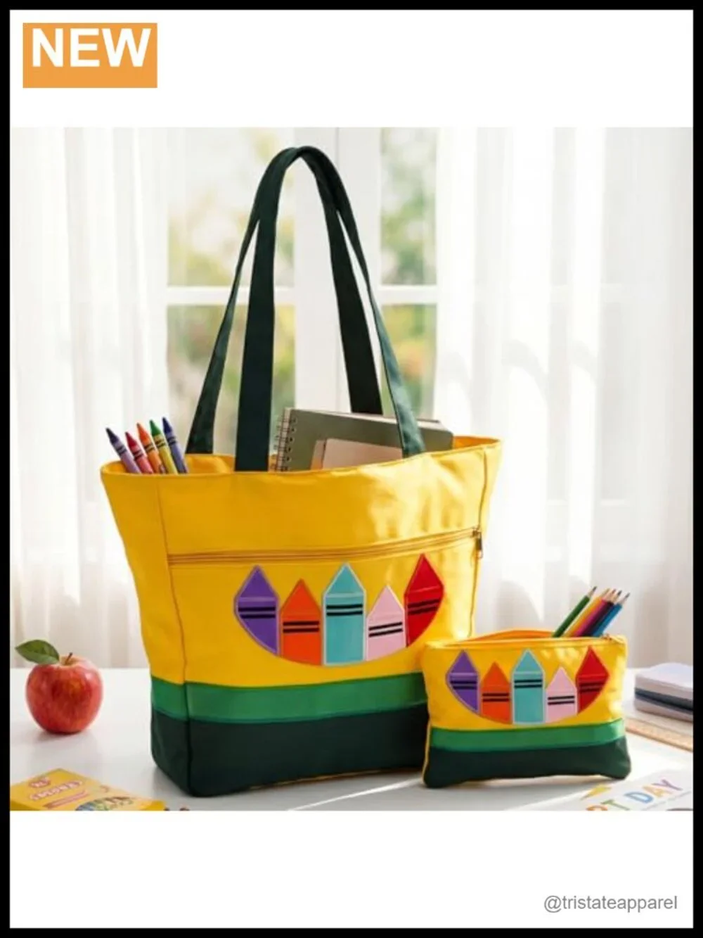 Teacher Tote and Makeup Bag Set, Twill Composite Nylon, Crayon Design, Back to